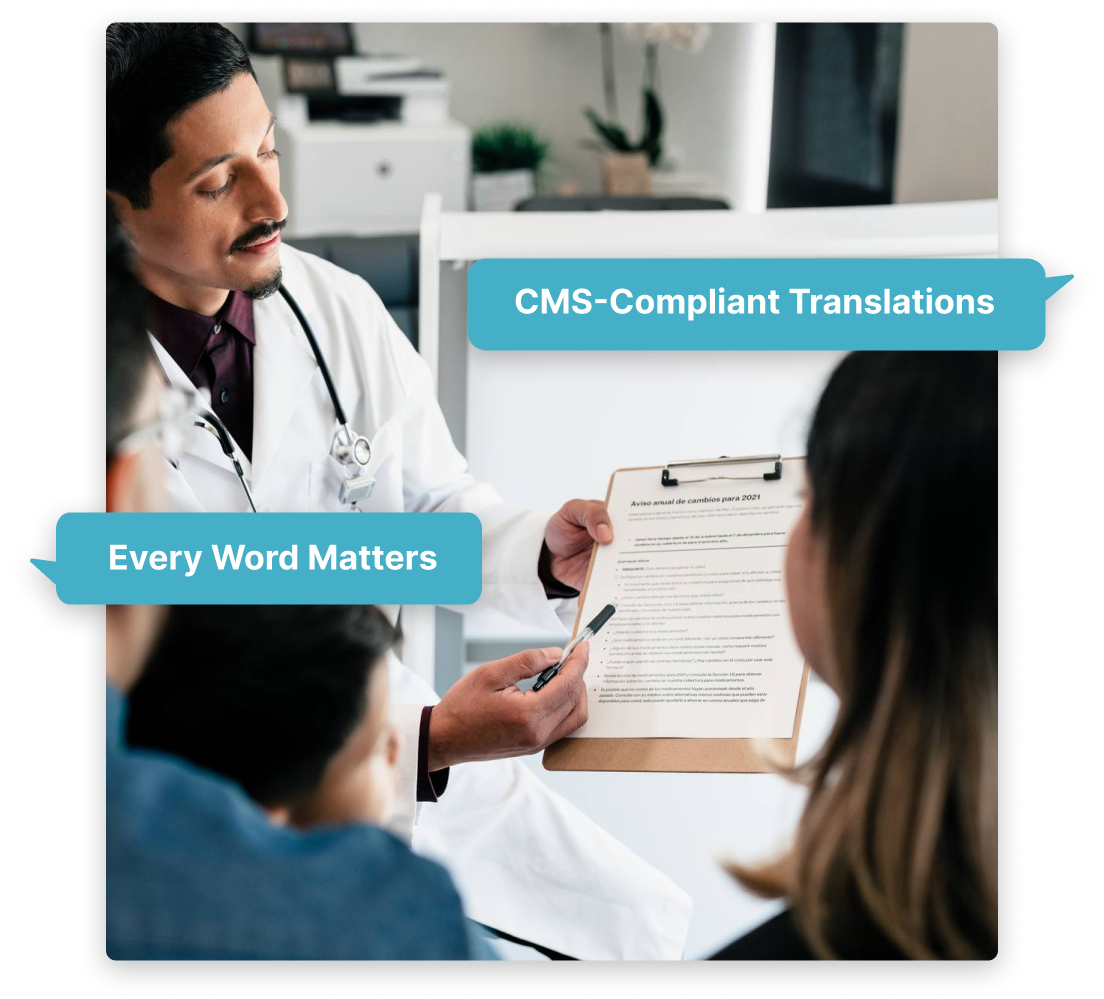 Doctor showing a CMS-compliant translated document to patients, with text bubbles reading “CMS-Compliant Translations” and “Every Word Matters”